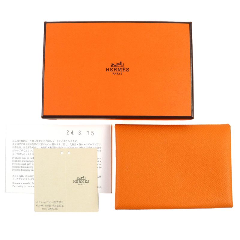 Hermes Calvi Duo Vaux Epson Silver Hardware Card Case Coin Case Orange With B