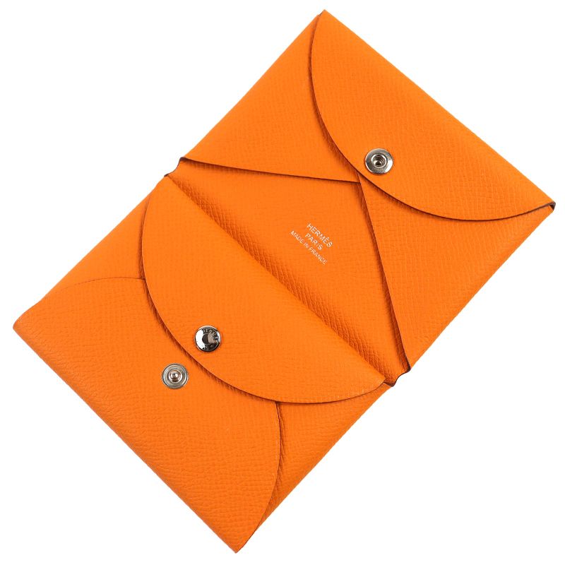 Hermes Calvi Duo Vaux Epson Silver Hardware Card Case Coin Case Orange With B