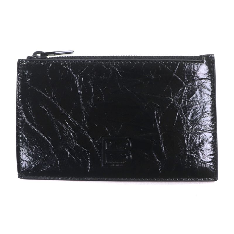 Balenciaga 766465 Crush Leather Fragment Case Card Boulder Coin Case Black