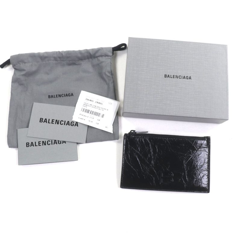 Balenciaga 766465 Crush Leather Fragment Case Card Boulder Coin Case Black