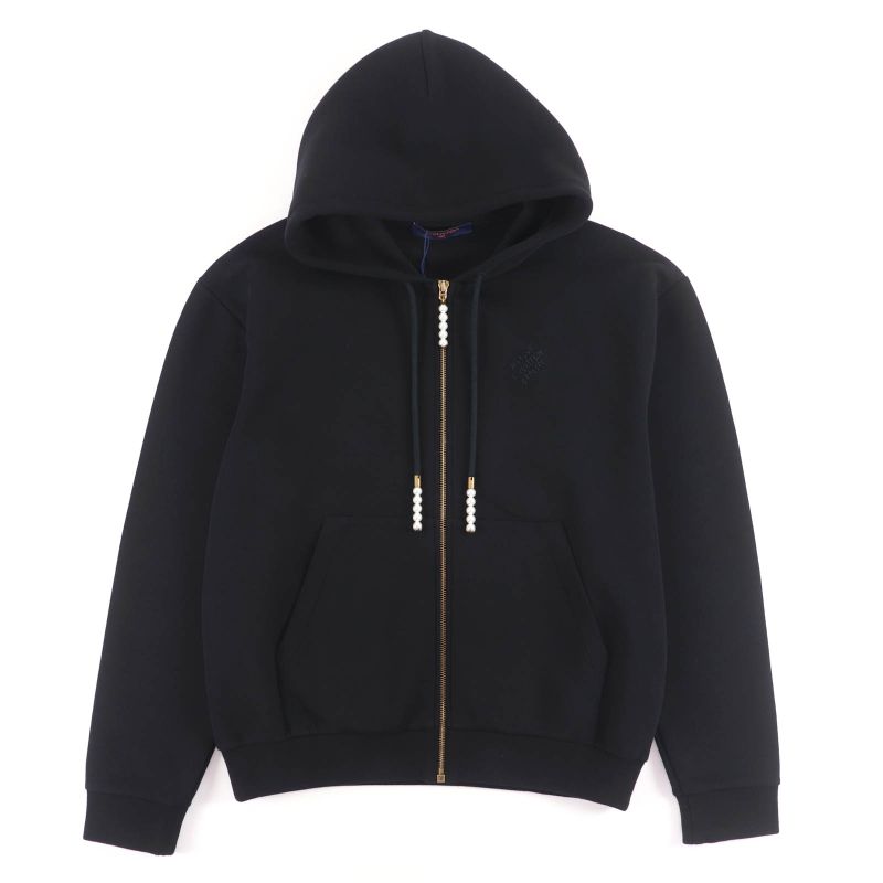 Louis Vuitton 24SS Cotton Embroidered Jersey Faux Pearl Zip Hoodie Black S With