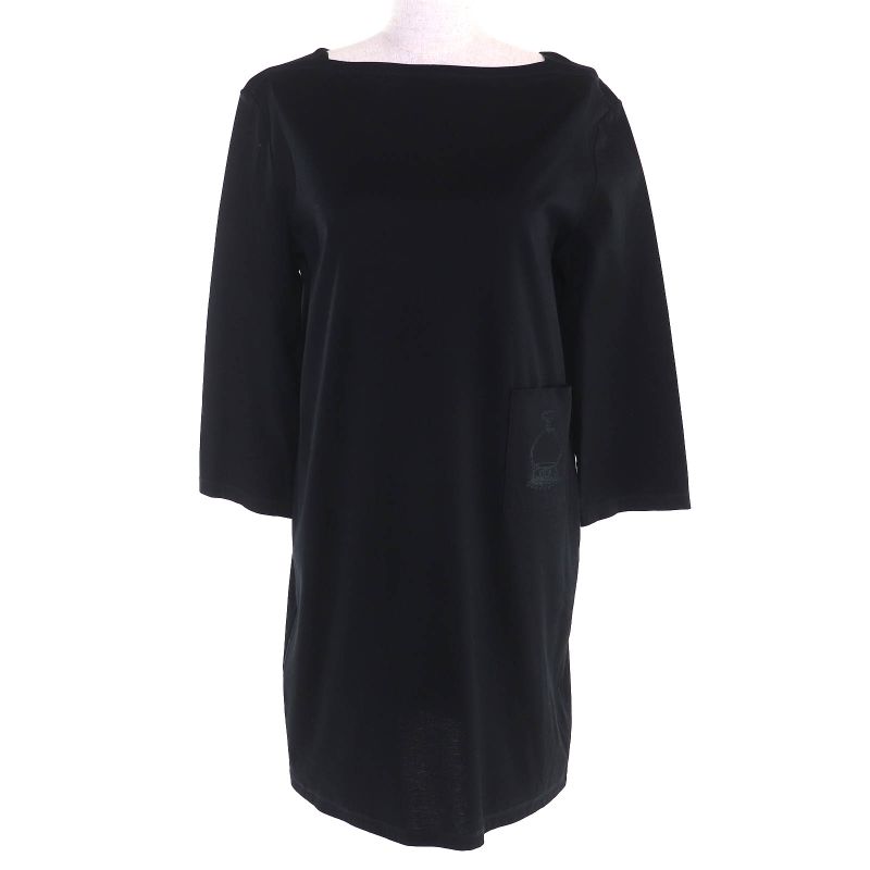 Hermes 100% Cotton Embroidered Pockets Boat Neck Tunic Dress Black 36 Made In