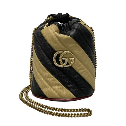 Gucci Shoulder Bag GG Marmont Mini Bucket Bag 573817 Black And Beige Chain