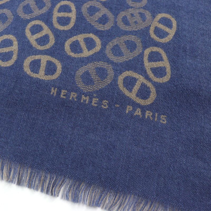 Hermes Cashmere Silk Chaine D'ancre Allover Bicolor Scarf Blue Light Brown Made