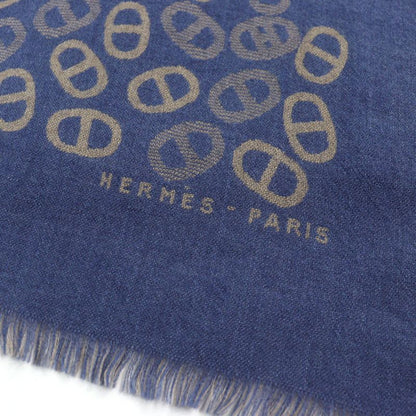 Hermes Cashmere Silk Chaine D'ancre Allover Bicolor Scarf Blue Light Brown Made