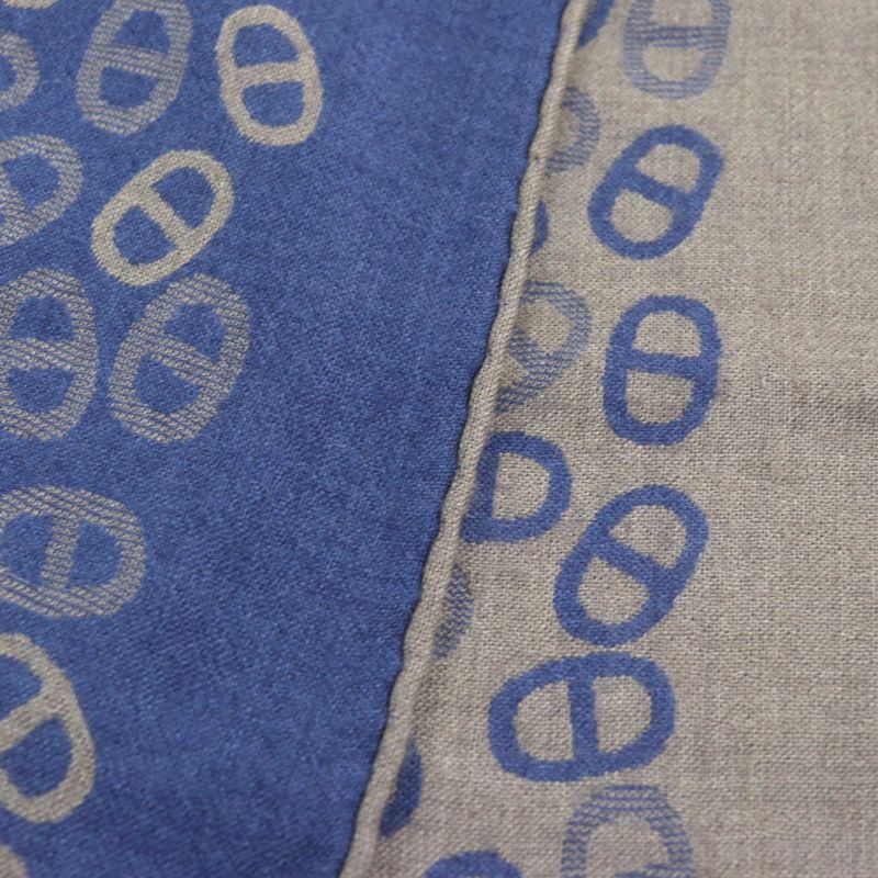 Hermes Cashmere Silk Chaine D'ancre Allover Bicolor Scarf Blue Light Brown Made