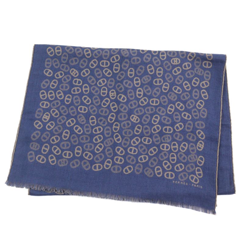 Hermes Cashmere Silk Chaine D'ancre Allover Bicolor Scarf Blue Light Brown Made