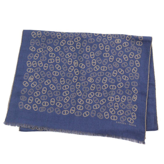 Hermes Cashmere Silk Chaine D'ancre Allover Bicolor Scarf Blue Light Brown Made