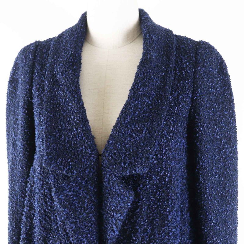CHANEL P53864 Tweed Long Length Coat With Coco Mark Plate Blue Navy 36 Made In