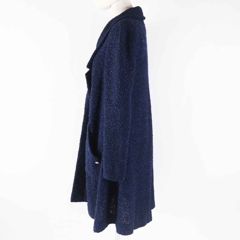 CHANEL P53864 Tweed Long Length Coat With Coco Mark Plate Blue Navy 36 Made In