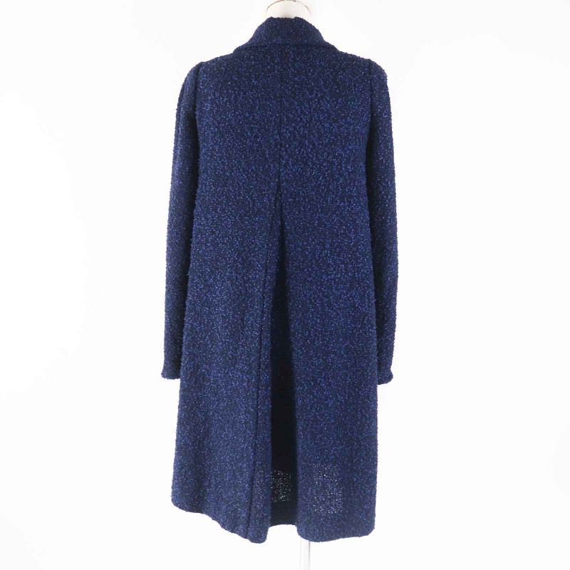 CHANEL P53864 Tweed Long Length Coat With Coco Mark Plate Blue Navy 36 Made In