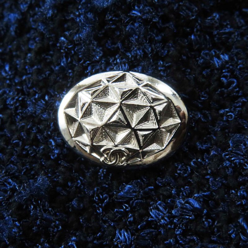 CHANEL P53864 Tweed Long Length Coat With Coco Mark Plate Blue Navy 36 Made In