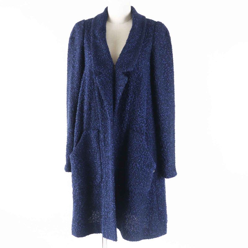 CHANEL P53864 Tweed Long Length Coat With Coco Mark Plate Blue Navy 36 Made In