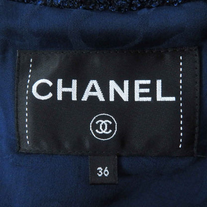 CHANEL P53864 Tweed Long Length Coat With Coco Mark Plate Blue Navy 36 Made In