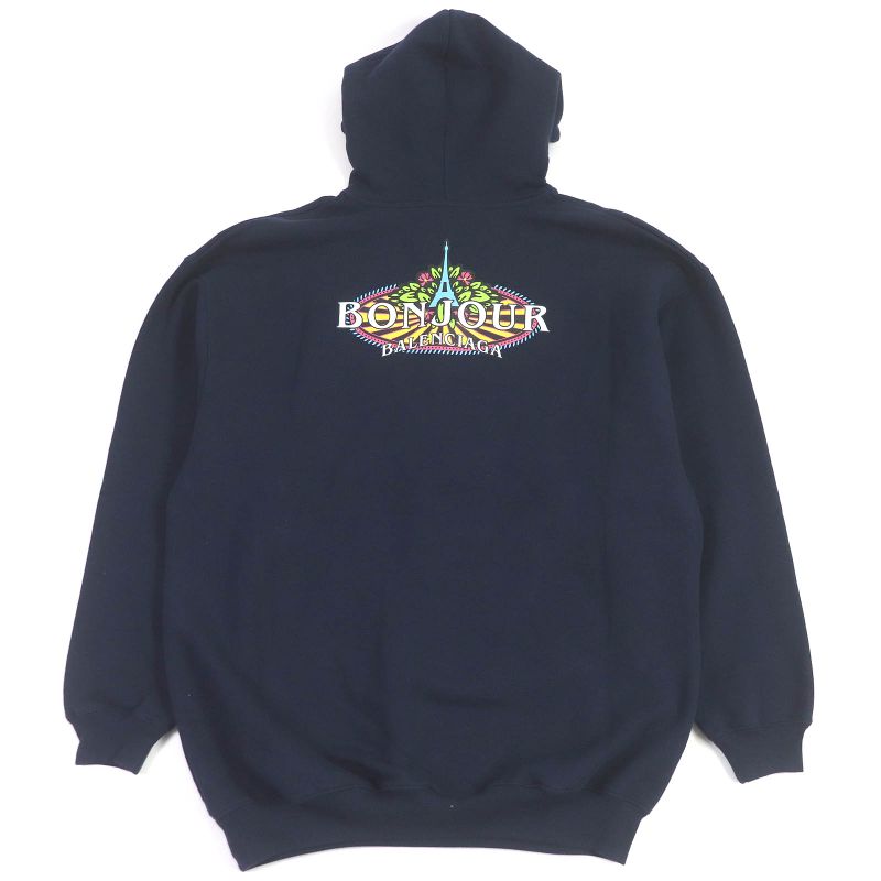 Balenciaga 578135 100% Cotton Bonjour Hoodie Oversized Pullover Hoodie Navy XS