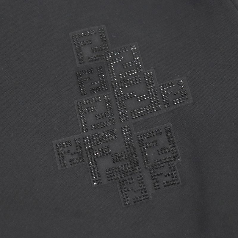 Fendi Fy0178 100% Cotton FF Logo Zucca Rhinestone Sweatshirt Black XL Made In