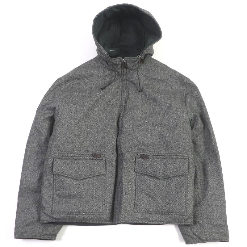 Hermes 100% Cashmere Herringbone Reversible Hooded Down Jacket Gray 52 Made In