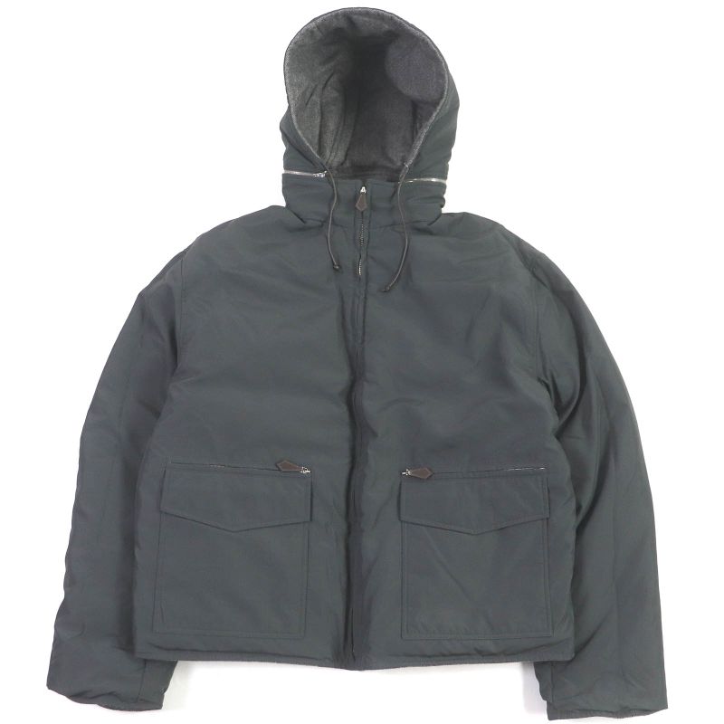 Hermes 100% Cashmere Herringbone Reversible Hooded Down Jacket Gray 52 Made In