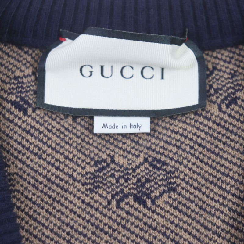 Gucci 626643 Wool Cashmere GG Jacquard V-neck Knit Sweater Brown Navy XS Made