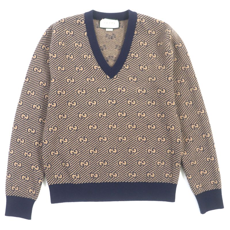 Gucci 626643 Wool Cashmere GG Jacquard V-neck Knit Sweater Brown Navy XS Made