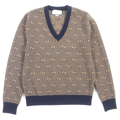 Gucci 626643 Wool Cashmere GG Jacquard V-neck Knit Sweater Brown Navy XS Made