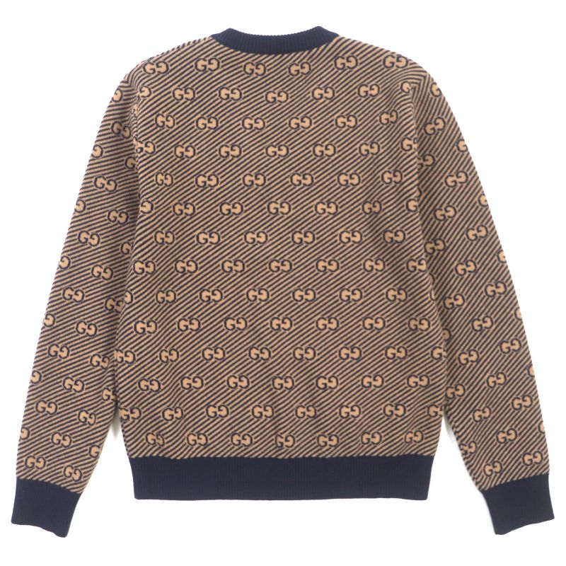 Gucci 626643 Wool Cashmere GG Jacquard V-neck Knit Sweater Brown Navy XS Made
