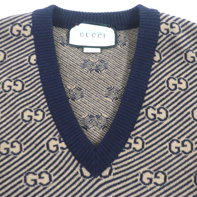 Gucci 626643 Wool Cashmere GG Jacquard V-neck Knit Sweater Brown Navy XS Made