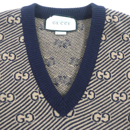Gucci 626643 Wool Cashmere GG Jacquard V-neck Knit Sweater Brown Navy XS Made
