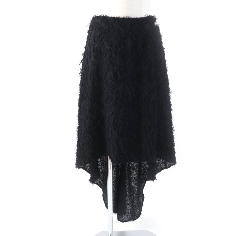 CHANEL 22A P73158 Wool Silk Blend Asymmetrical Skirt With Coco Mark Plate Black