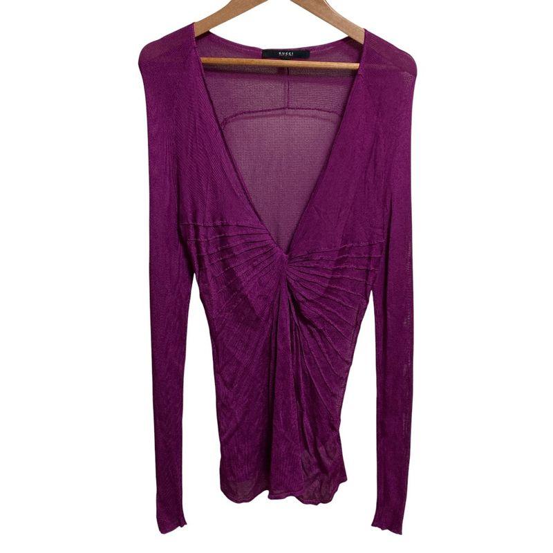 Good Gucci V-Neck Long Sleeve Mesh Knit Cut and Sewn Pullover XS Size Purple