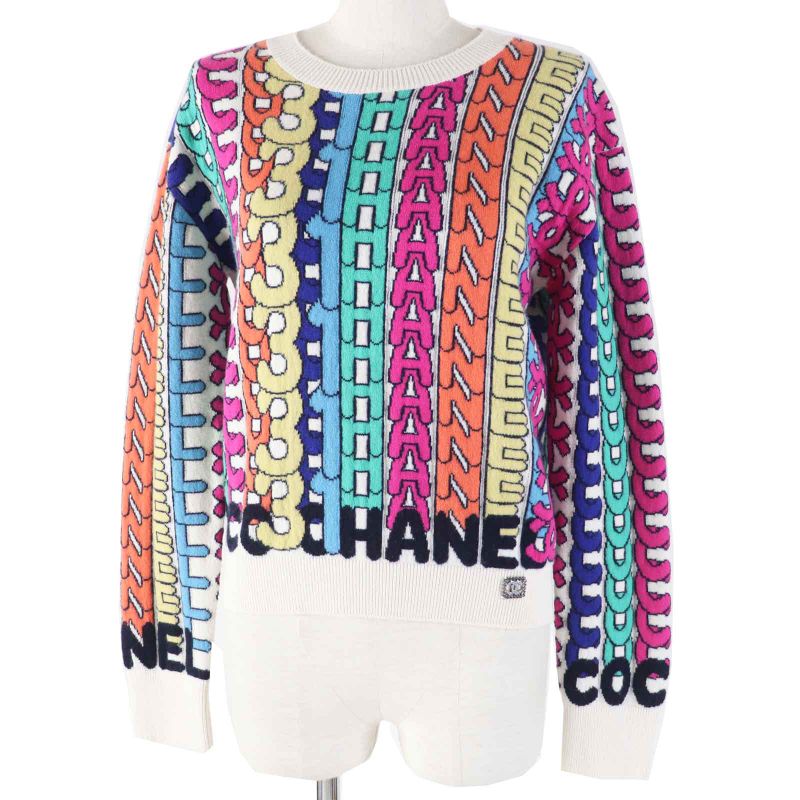 CHANEL P71599 Logo All Over 100% Cashmere Coco Mark With Stones Long Sleeves