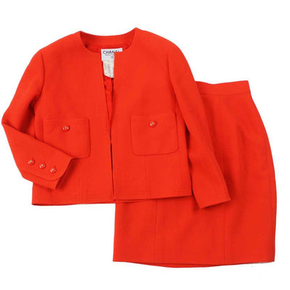 CHANEL Vintage 100% Wool 100% Silk Lining Coco Mark Button Set-up Vermilion