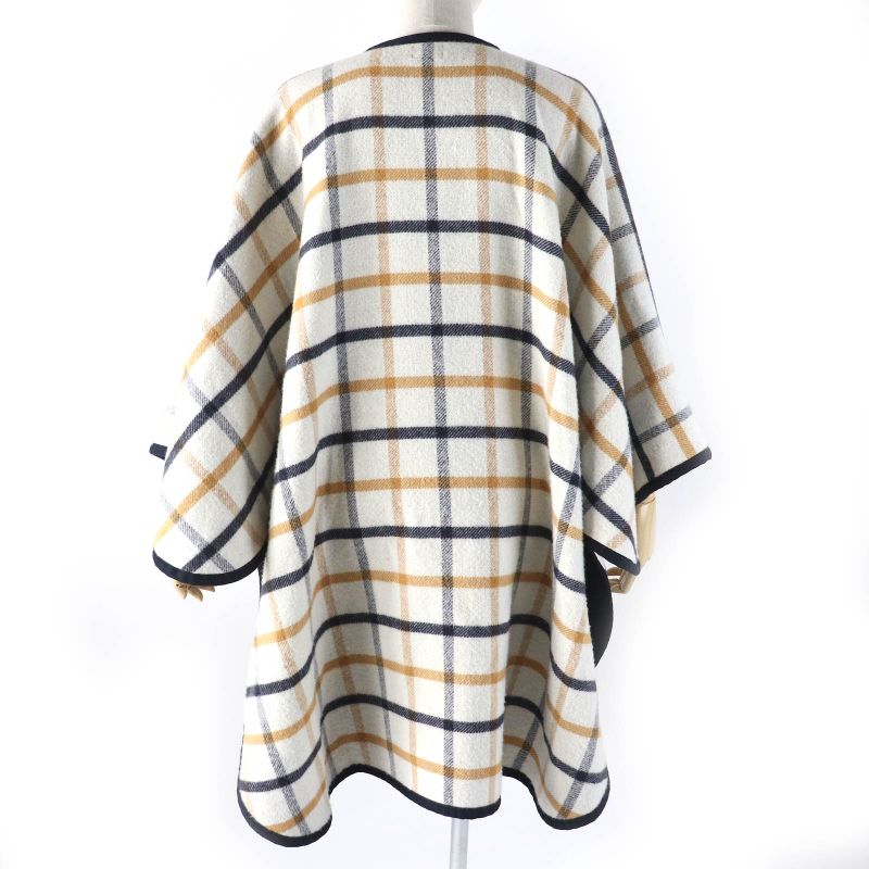 Hermes Camaille Wool Cashmere Checked Serie Button Reversible Poncho Navy Beige