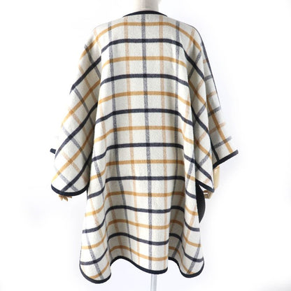 Hermes Camaille Wool Cashmere Checked Serie Button Reversible Poncho Navy Beige