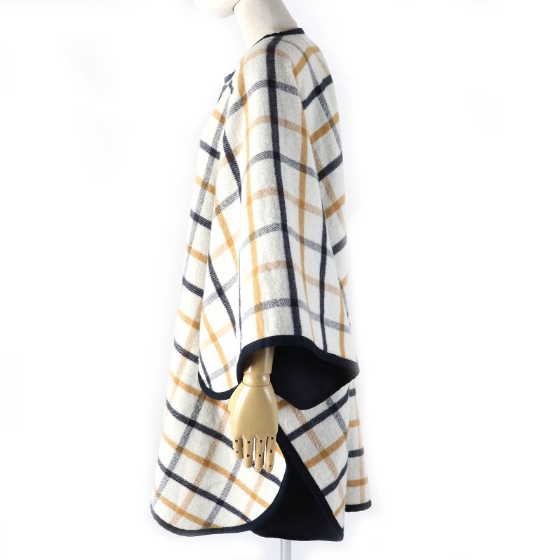 Hermes Camaille Wool Cashmere Checked Serie Button Reversible Poncho Navy Beige