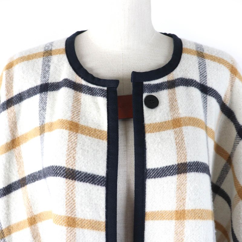 Hermes Camaille Wool Cashmere Checked Serie Button Reversible Poncho Navy Beige