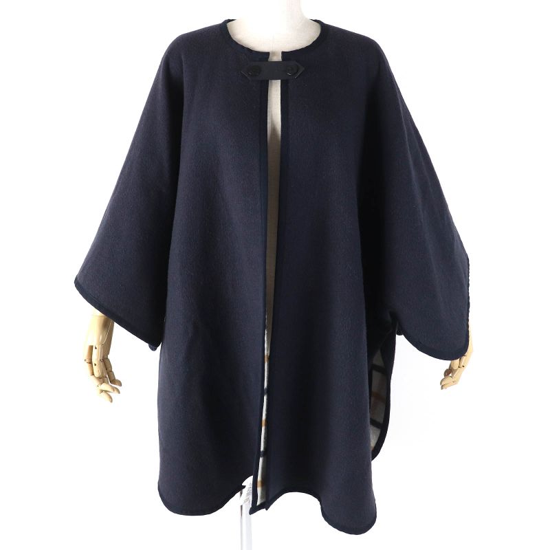 Hermes Camaille Wool Cashmere Checked Serie Button Reversible Poncho Navy Beige