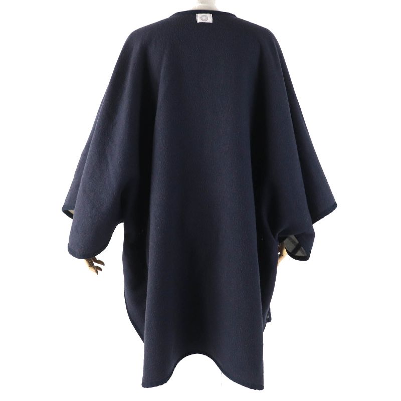 Hermes Camaille Wool Cashmere Checked Serie Button Reversible Poncho Navy Beige