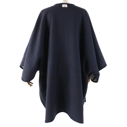 Hermes Camaille Wool Cashmere Checked Serie Button Reversible Poncho Navy Beige