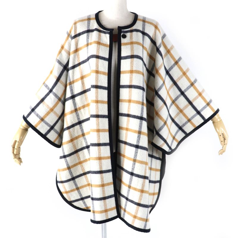 Hermes Camaille Wool Cashmere Checked Serie Button Reversible Poncho Navy Beige