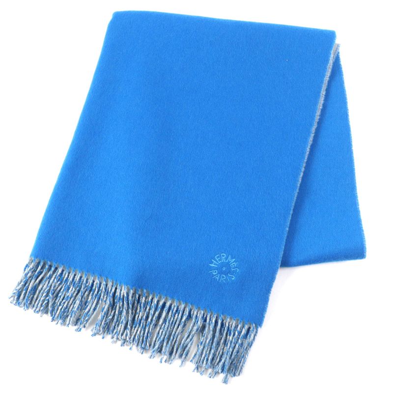 Hermes H259084s 100% Cashmere Bleu Vif/gris Flanelle Double Face Logo Embroidery