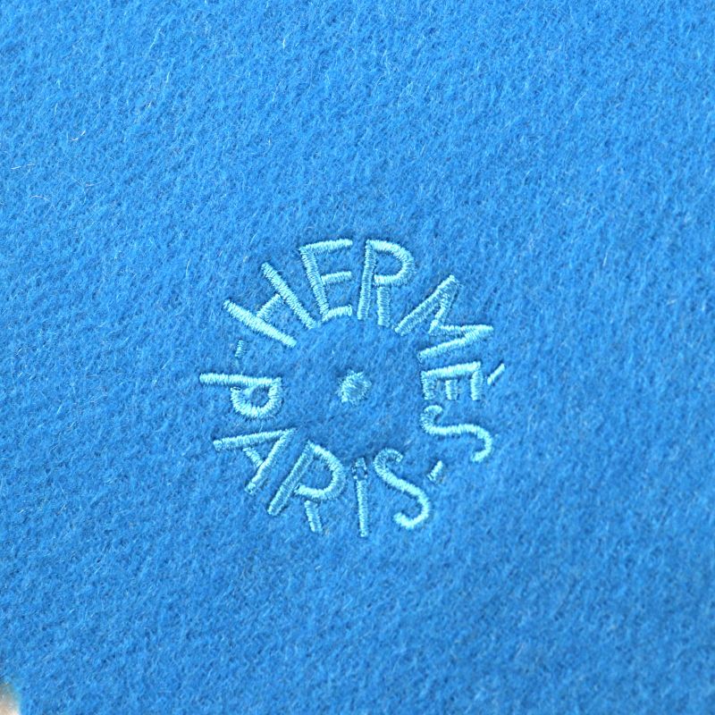Hermes H259084s 100% Cashmere Bleu Vif/gris Flanelle Double Face Logo Embroidery