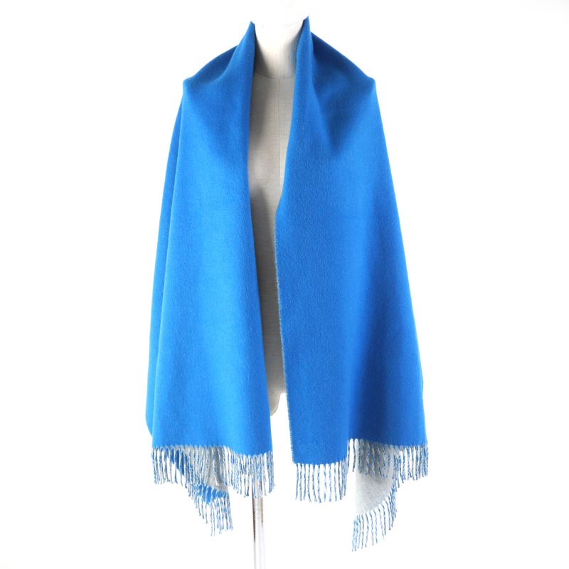 Hermes H259084s 100% Cashmere Bleu Vif/gris Flanelle Double Face Logo Embroidery