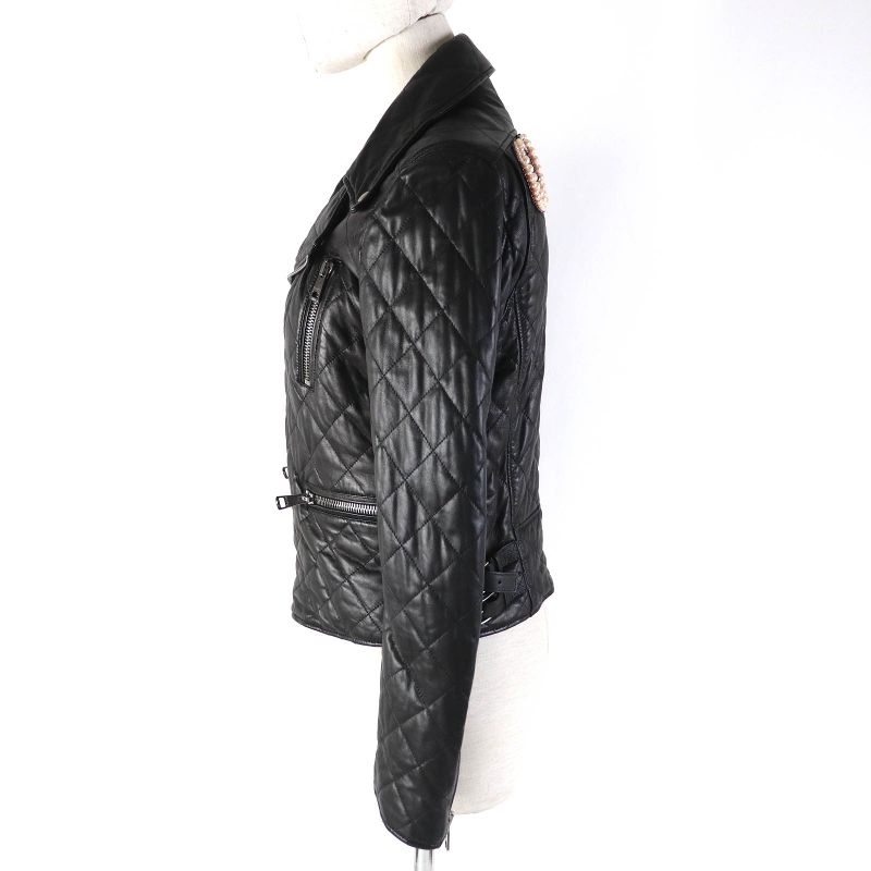 Gucci 502674 Lamb Leather Pearl Logo Quilted Rider's Jacket Blouson Black 38