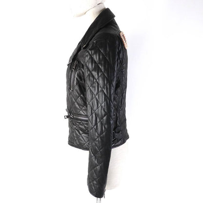 Gucci 502674 Lamb Leather Pearl Logo Quilted Rider's Jacket Blouson Black 38