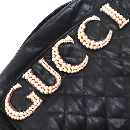 Gucci 502674 Lamb Leather Pearl Logo Quilted Rider's Jacket Blouson Black 38
