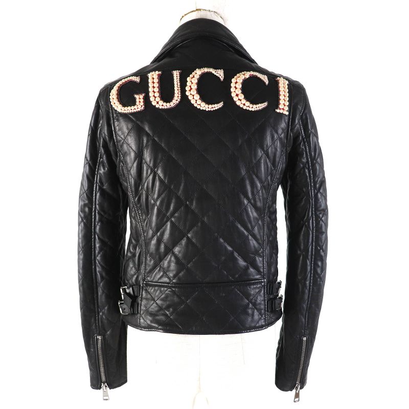 Gucci 502674 Lamb Leather Pearl Logo Quilted Rider's Jacket Blouson Black 38