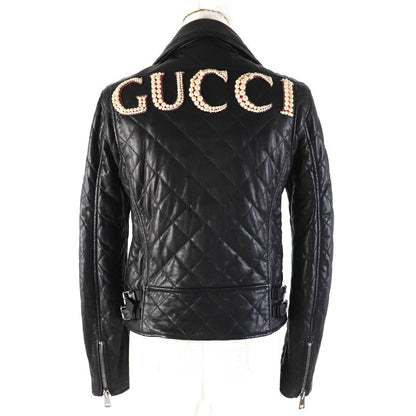 Gucci 502674 Lamb Leather Pearl Logo Quilted Rider's Jacket Blouson Black 38