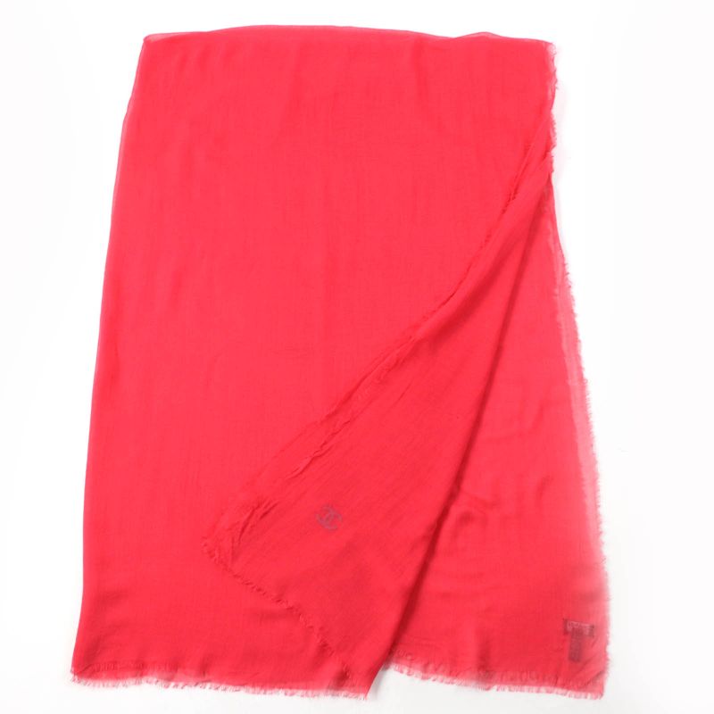 CHANEL Cashmere Blend Coco Mark Embroidered Fringed Large Scarf Shawl Red