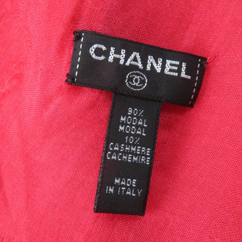 CHANEL Cashmere Blend Coco Mark Embroidered Fringed Large Scarf Shawl Red